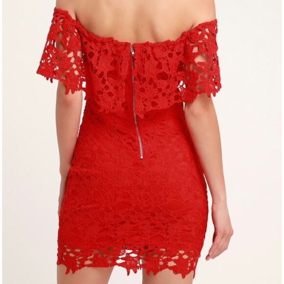 Lulus Women's Genevieve Red Off the Shoulder Lace Mini Dress Size Small - Picture 2 of 5